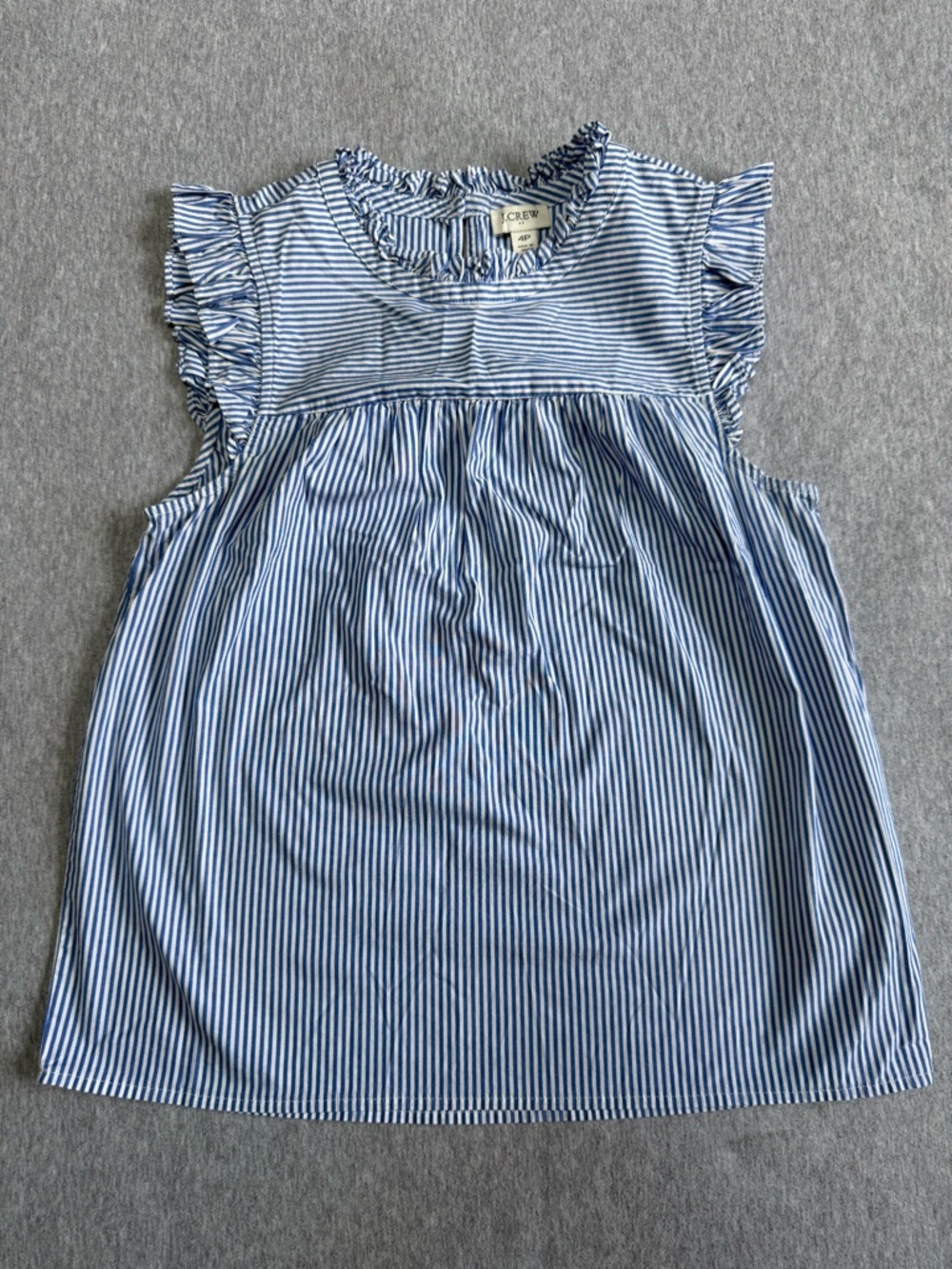 J. Crew Blue and White Striped Ruffle Neck Blouse